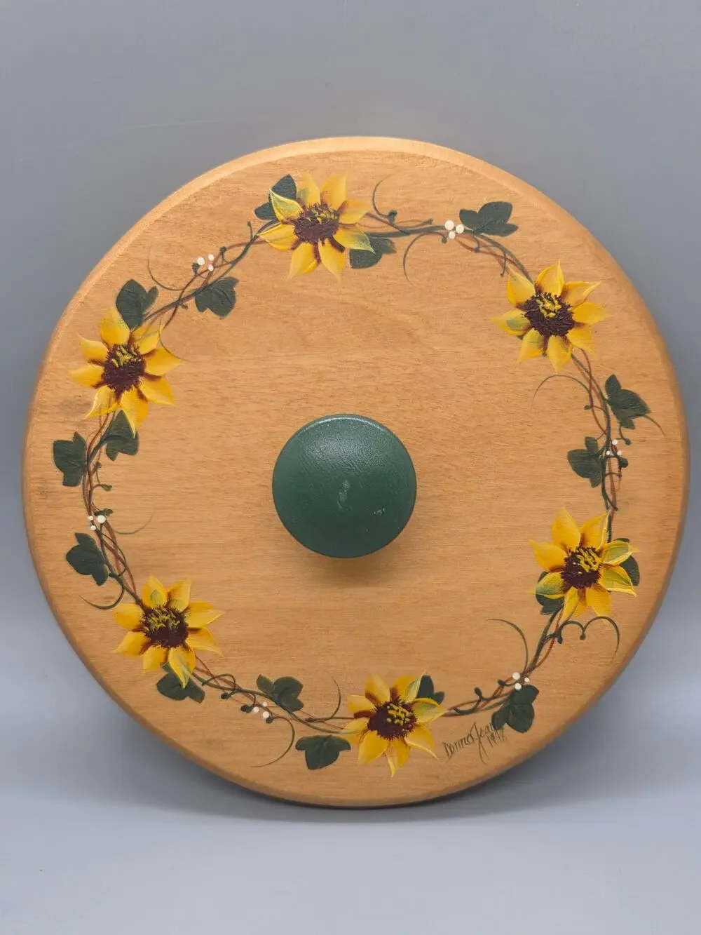 Vintage Basket Accessories Hand-Painted Wooden Basket Lid Sunflowers